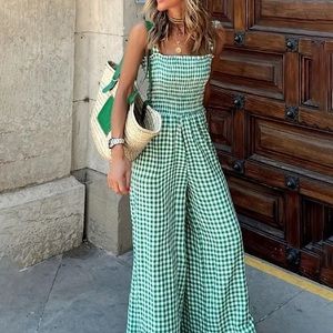 Plaid wide leg jumpsuit.